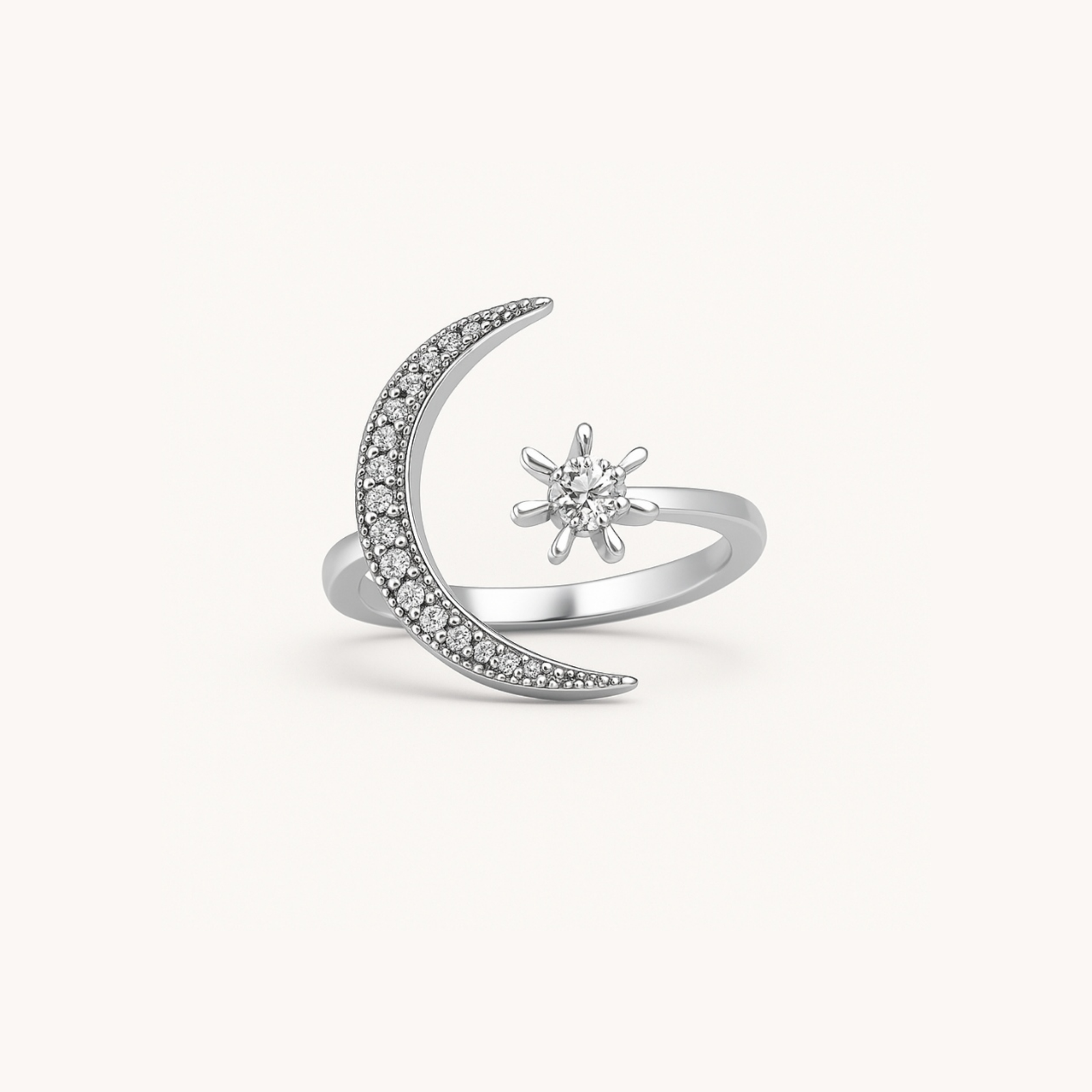 Celestial Crescent Ring with diamond moon and star