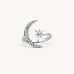 Celestial Crescent Ring with diamond moon and star