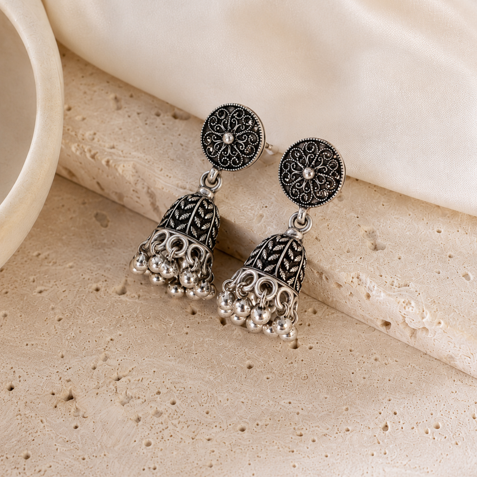 Meher Floral Sterling Silver Jhumka Earrings