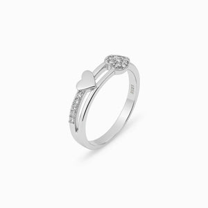 Heart & Sparkle Ring with double heart and diamonds in silver