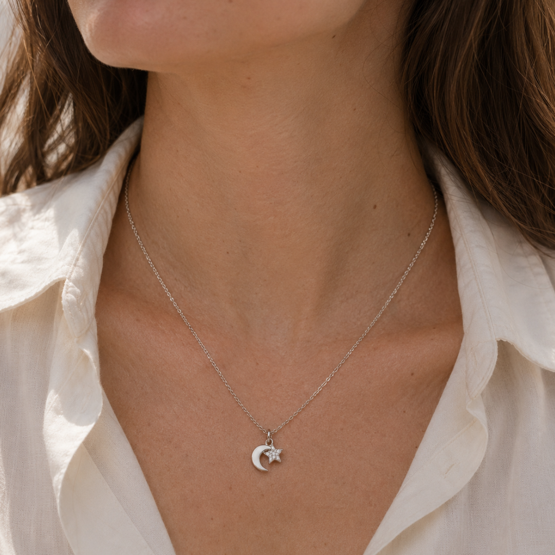 Celestial Moon & Star Silver Necklace - 925 Sterling Silver - Lustra