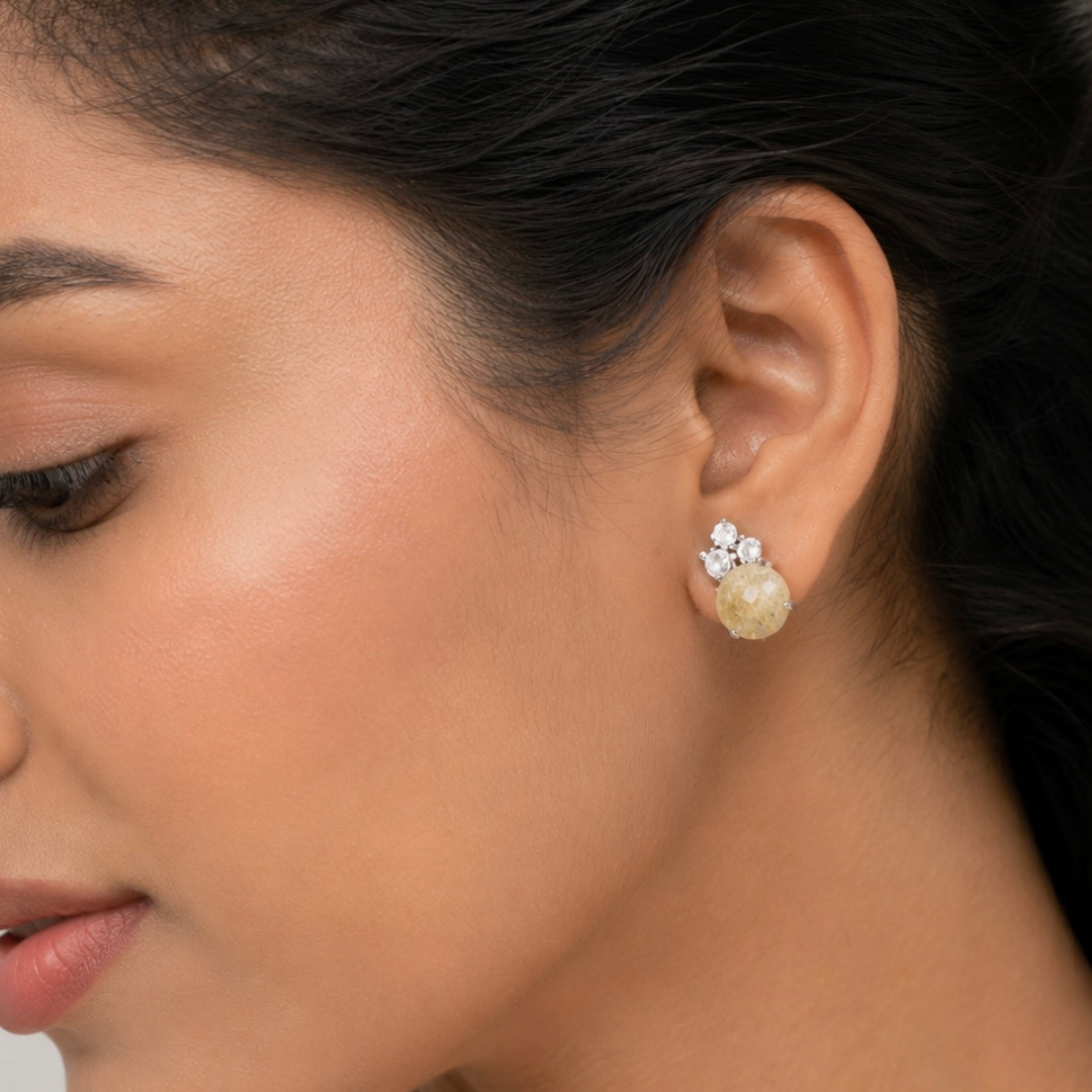 Golden Rutilated Quartz Bloom Stud Earrings - 925 Sterling Silver - Lustra