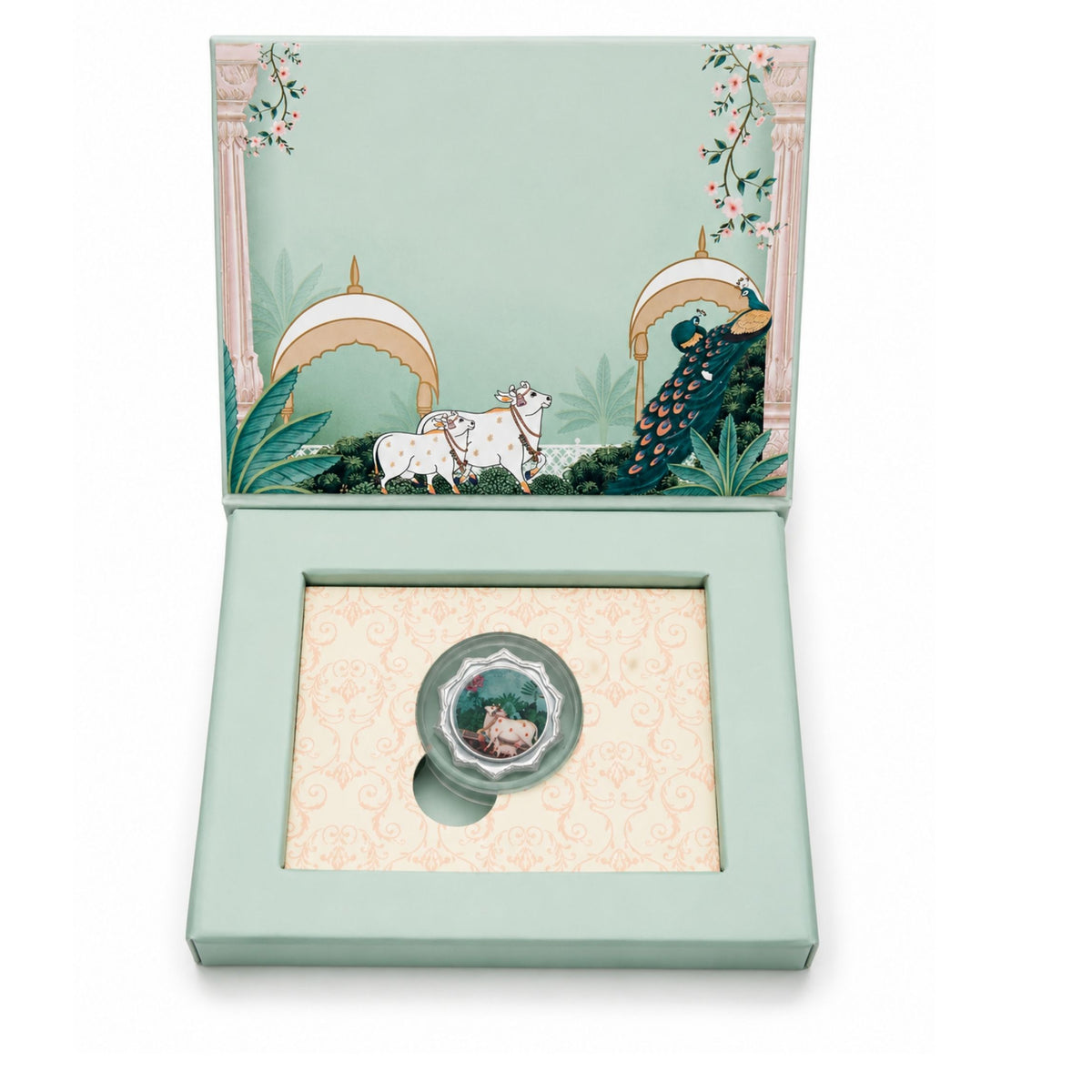 Kamadhenu & Peacock 1g Fine Silver Gift Box