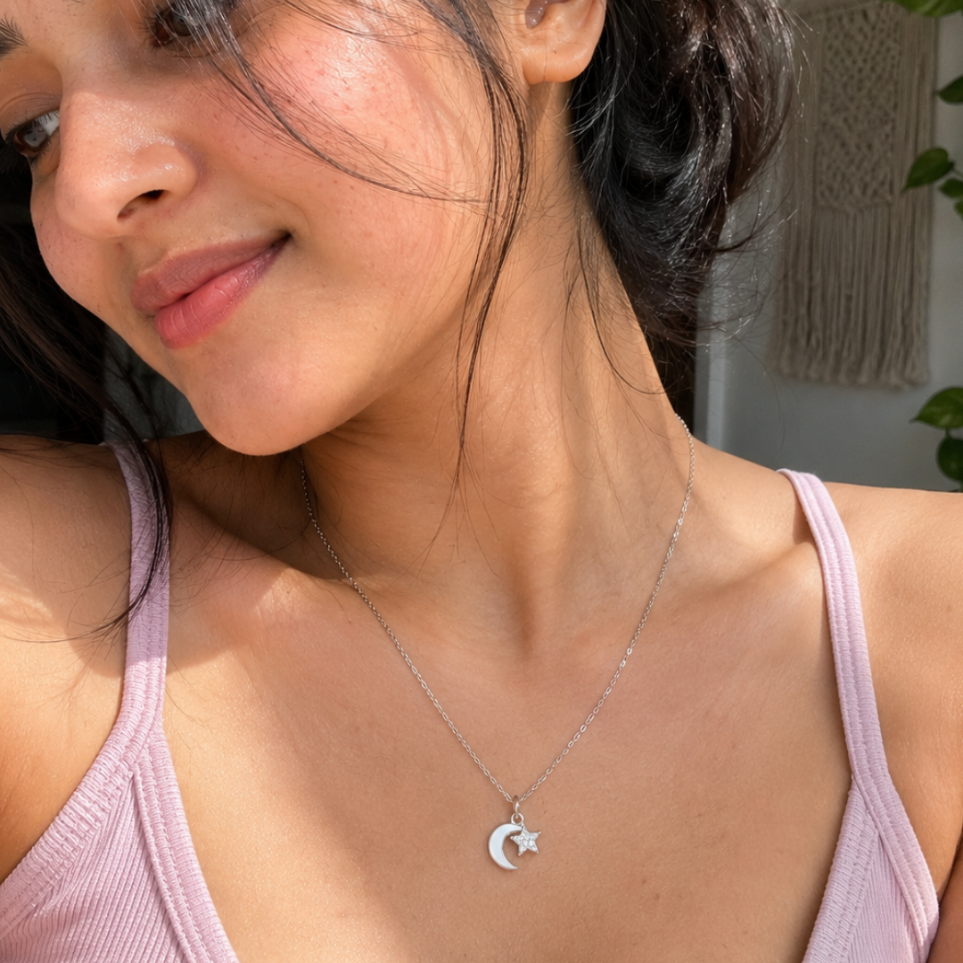 Celestial Moon & Star Silver Necklace