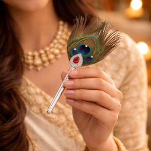 Sacred Peacock Feather with Silver Handle & Ruby CZ Embellishment - 925 Sterling Silver - Lustra