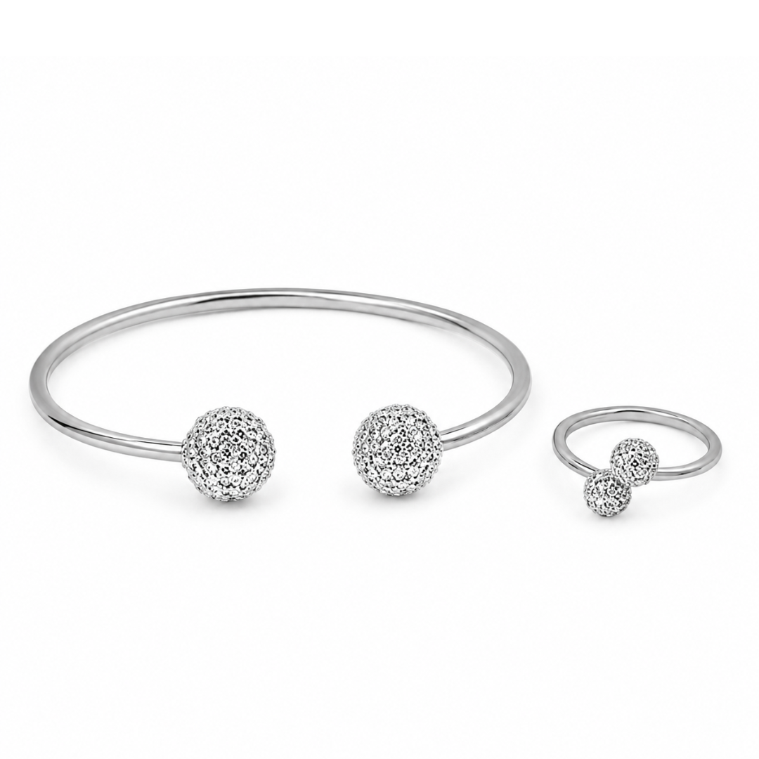Celestia Sparkle Silver Cuff & Ring Set - 925 Sterling Silver - Lustra