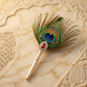 Sacred Peacock Feather with Silver Handle & Ruby CZ Embellishment - 925 Sterling Silver - Lustra