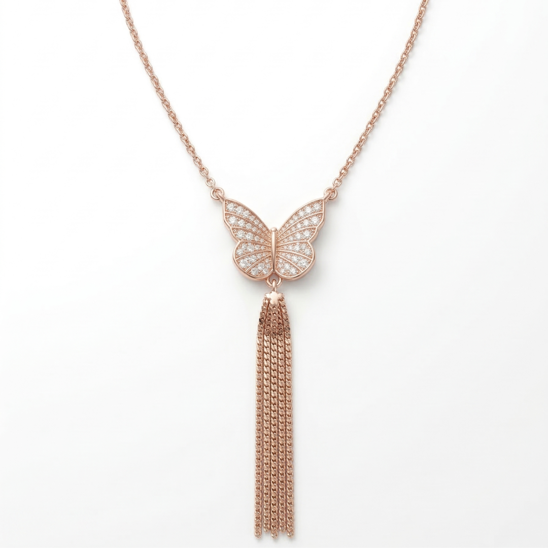 Lustra Rose Gold Butterfly Tassel Necklace - 925 Sterling Silver - Lustra