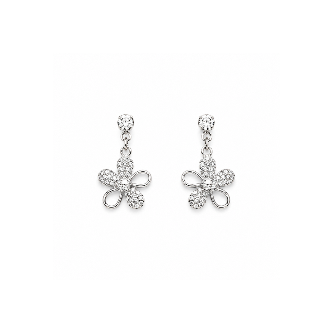 Silver Blossom Sparkle Drop Earrings - 925 Sterling Silver - Lustra