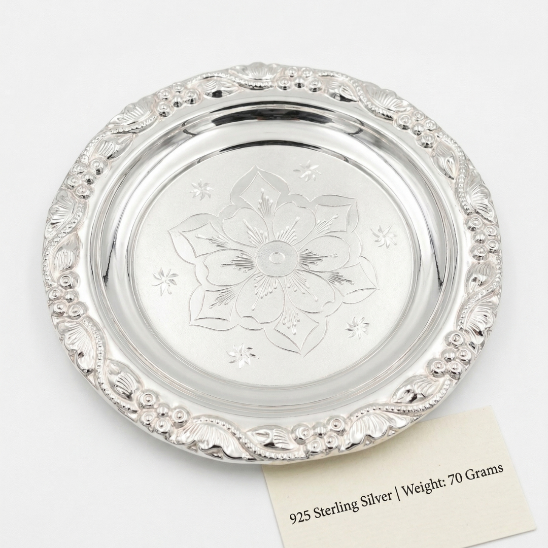 Lustra 925 Silver Floral Engraved Pooja Thali (70g) - 925 Sterling Silver - Lustra