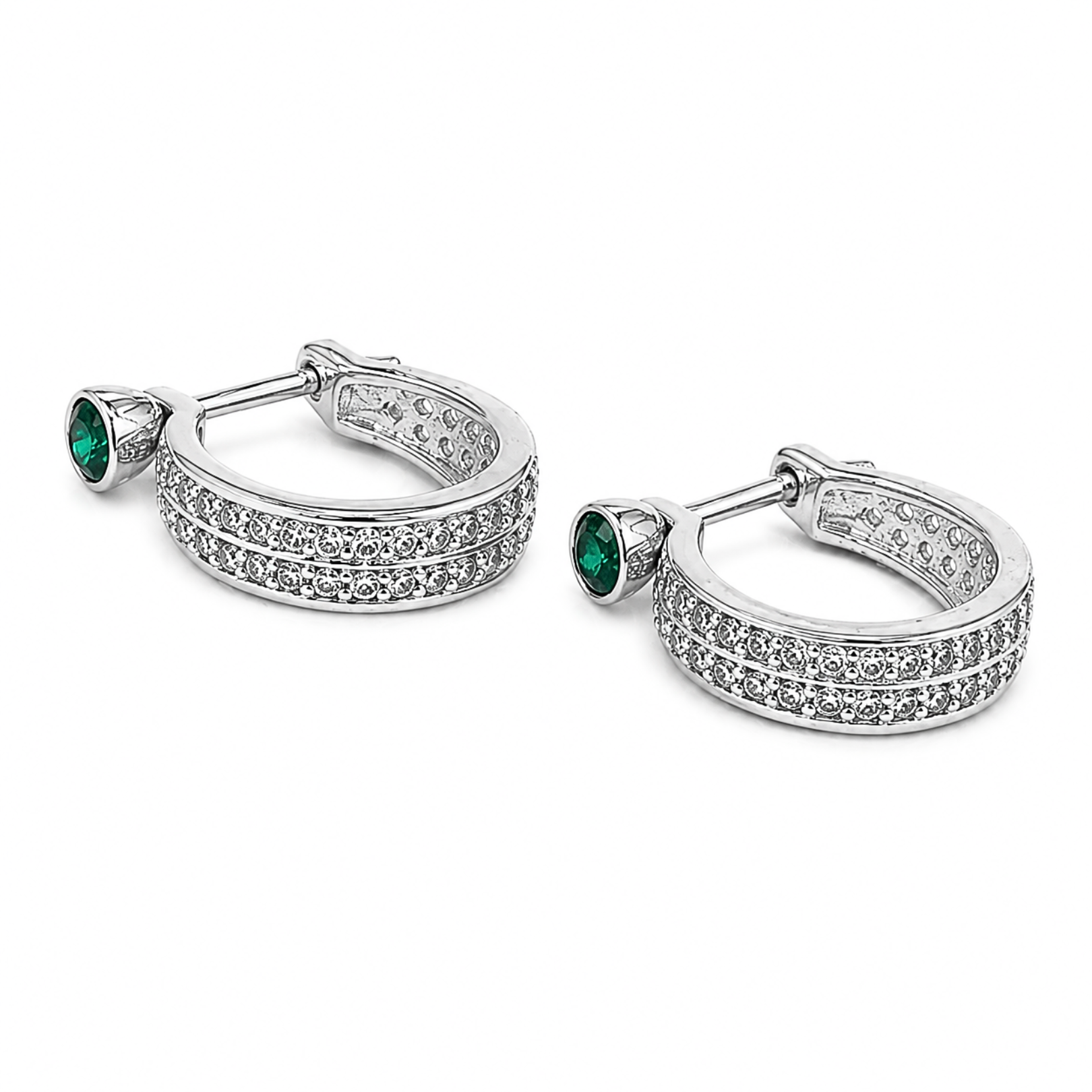 Emerald Halo Sterling Silver Hoop Earrings