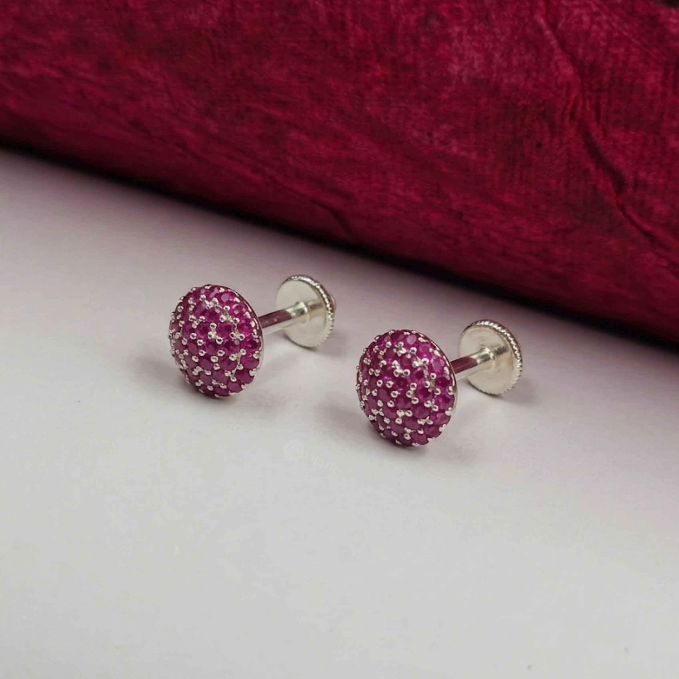 Ruby Sparkle Dome Silver Ear Studs