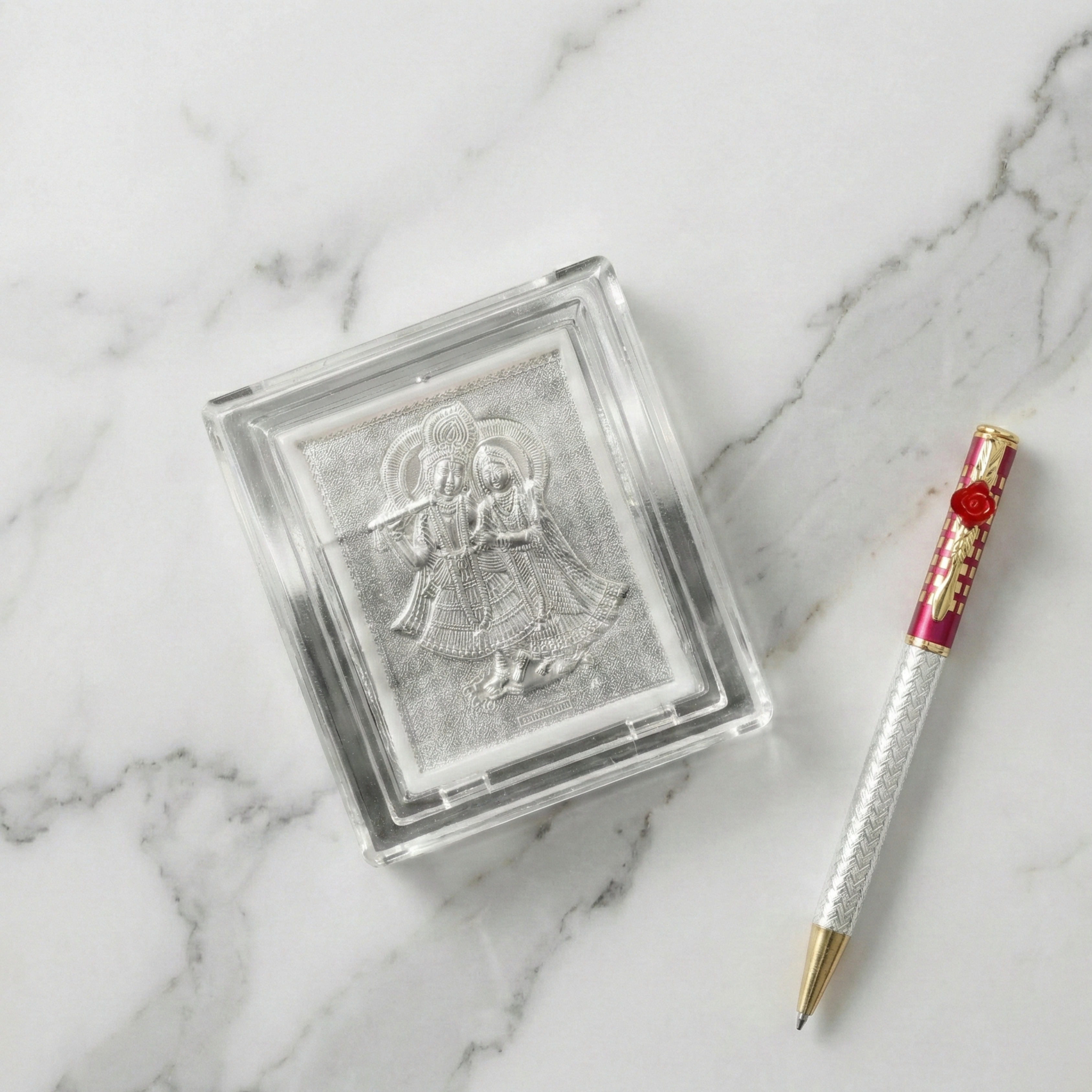 Sacred Elegance Dual-Tone Pen with Radha Krishna Silver Plaque