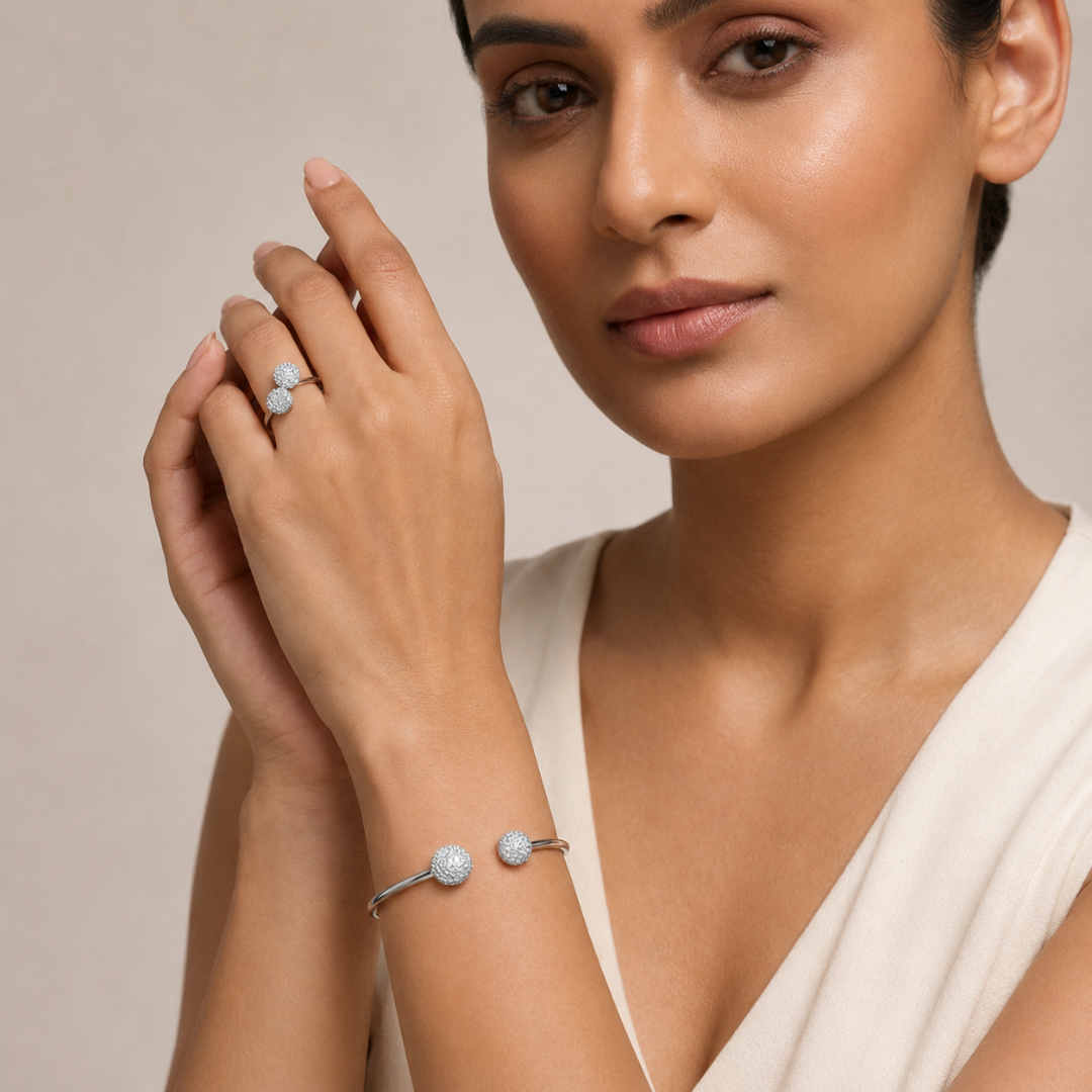Celestia Sparkle Silver Cuff & Ring Set - 925 Sterling Silver - Lustra