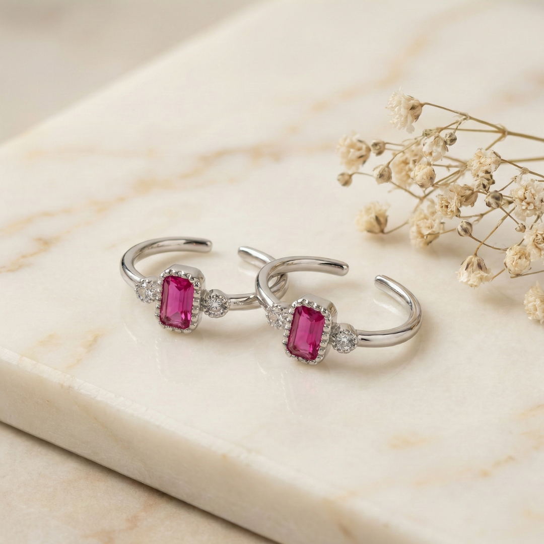 Ruby Glow Silver Toe Rings (Pair)