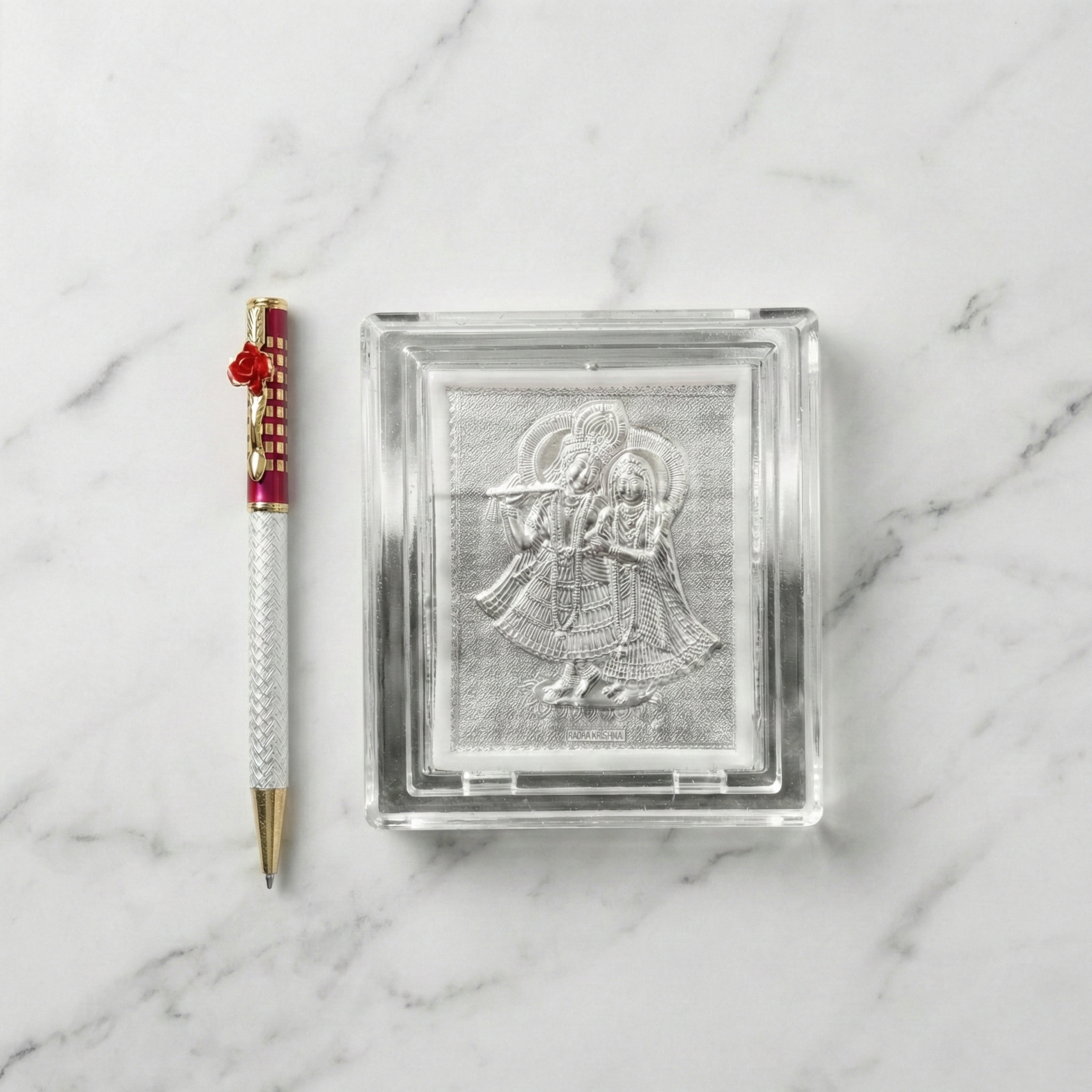 Sacred Elegance Dual-Tone Pen with Radha Krishna Silver Plaque