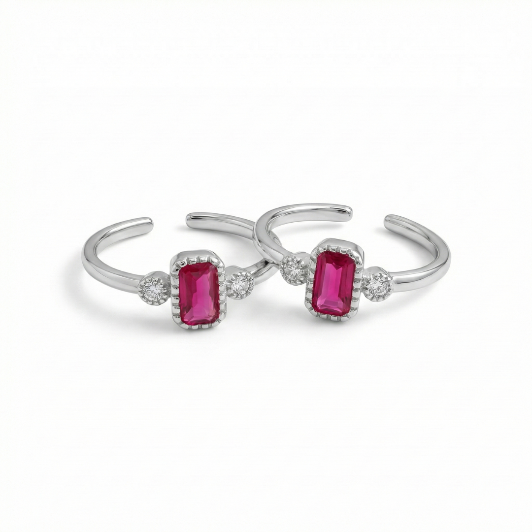 Ruby Glow Silver Toe Rings (Pair)