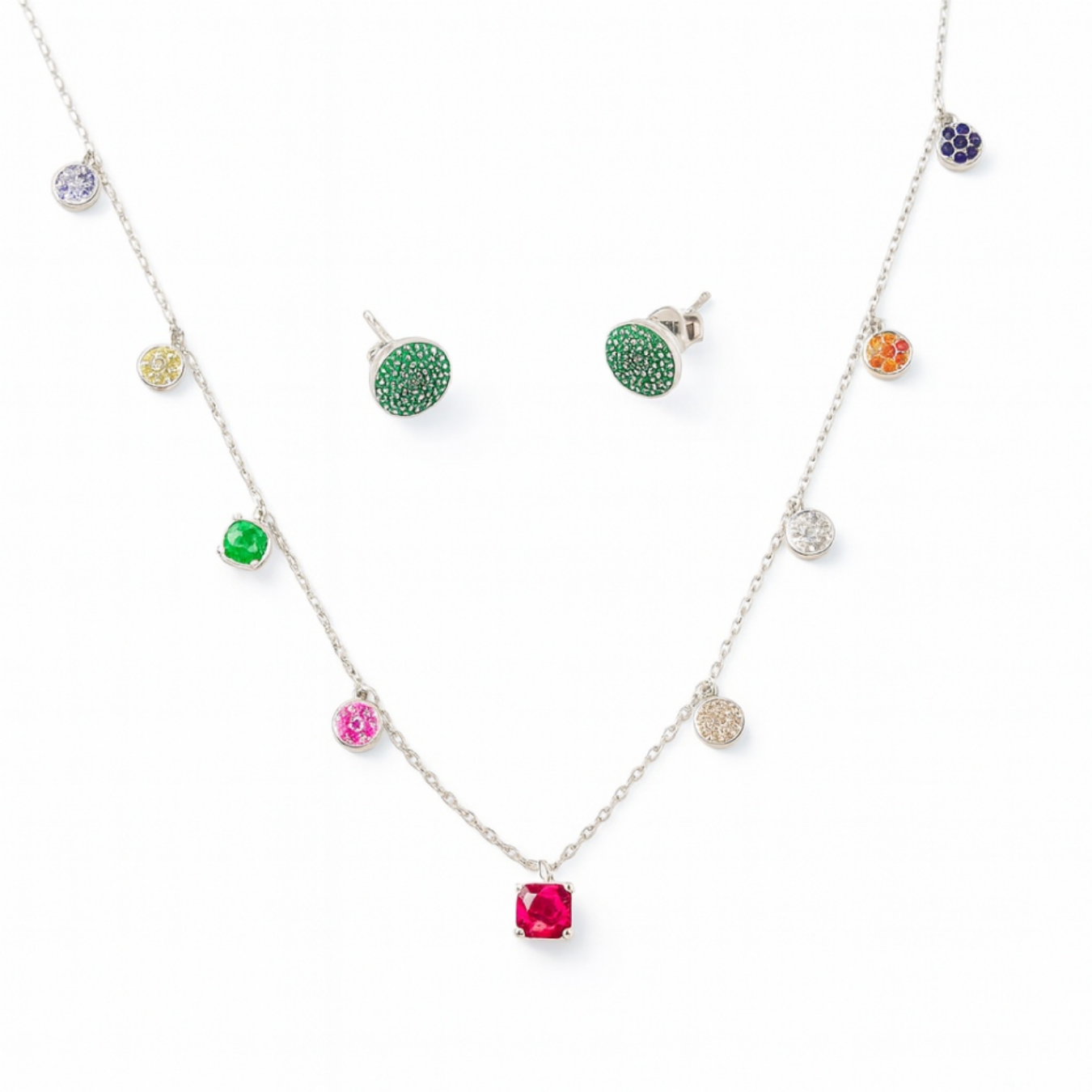 Colorful Sparkle Necklace and Earrings Set with multicolored gemstones