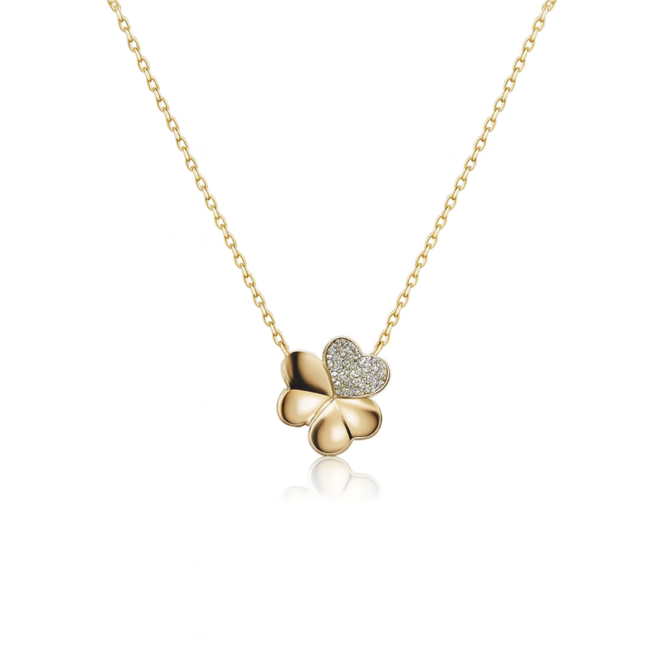 Gleaming Clover Necklace with gold chain and heart-shaped four leaf pendant