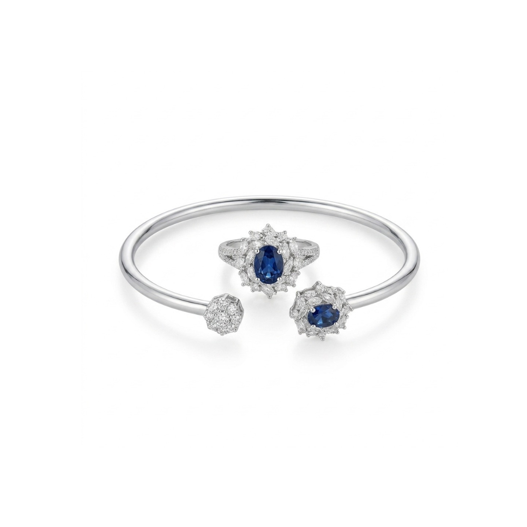 Royal Sapphire Halo Jewelry Set - 925 Sterling Silver - Lustra