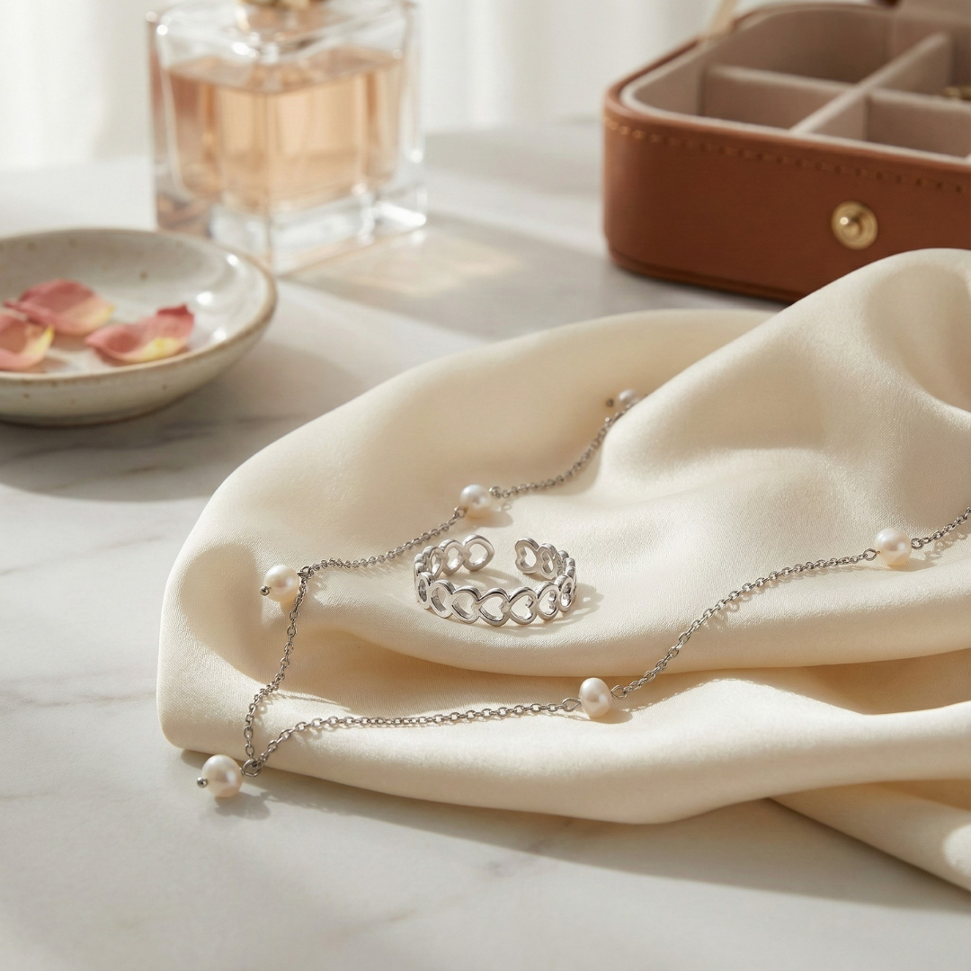 Pearl Heart Silver Combo Set