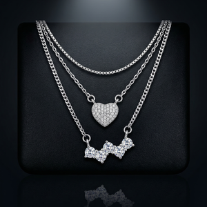 Lustra Layered Heart & Crystal Drop Silver Necklace Set - 925 Sterling Silver - Lustra