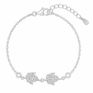 Leaf Charm Silver Bracelet with two crystal-studded leaves on a delicate chain