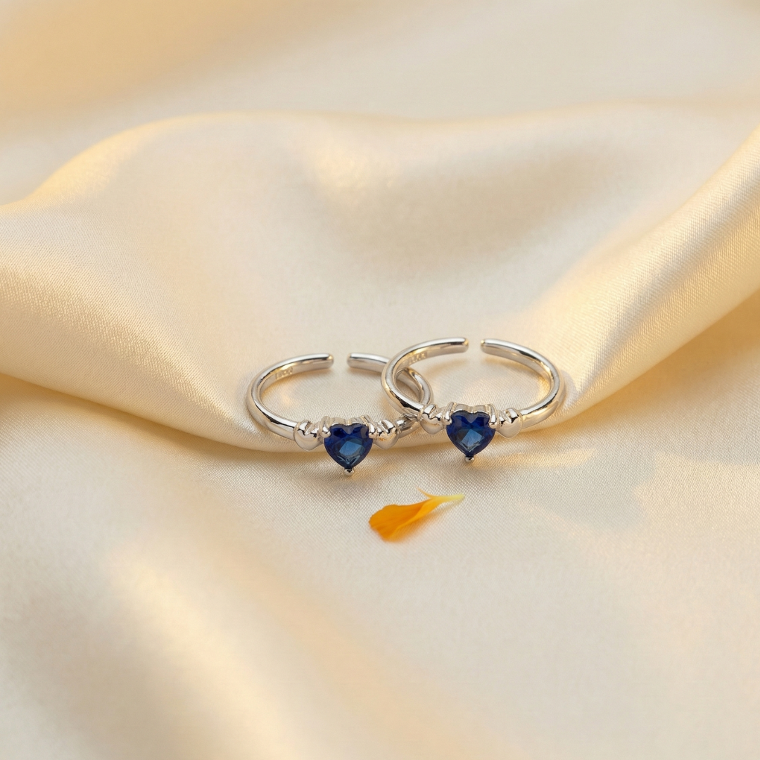 Sapphire Heart Drop Silver Toe Rings (Pair) - 925 Sterling Silver - Lustra