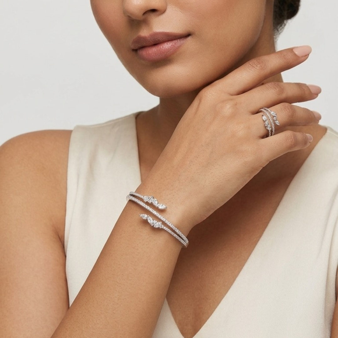 Celestial Laurel Open Cuff Jewelry Set - 925 Sterling Silver - Lustra