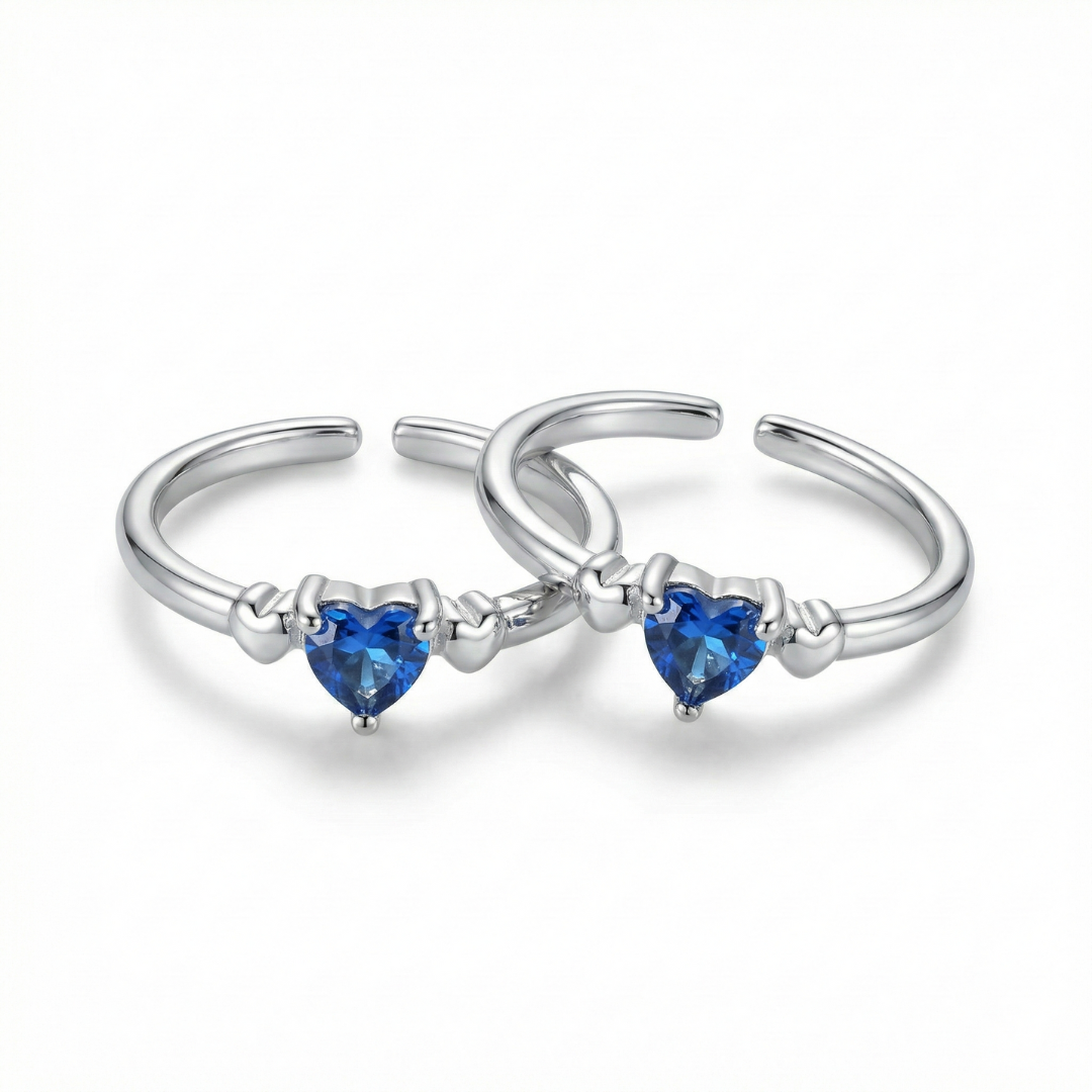 Sapphire Heart Drop Silver Toe Rings (Pair) - 925 Sterling Silver - Lustra