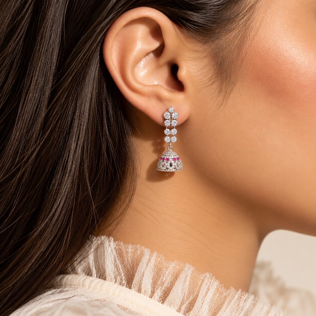 Silver-Tone Pink & Black Stone Jhumka Earrings for Women | Lustra