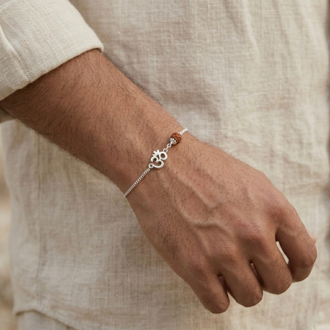 Divine Om Rudraksha Silver Rakhi Bracelet