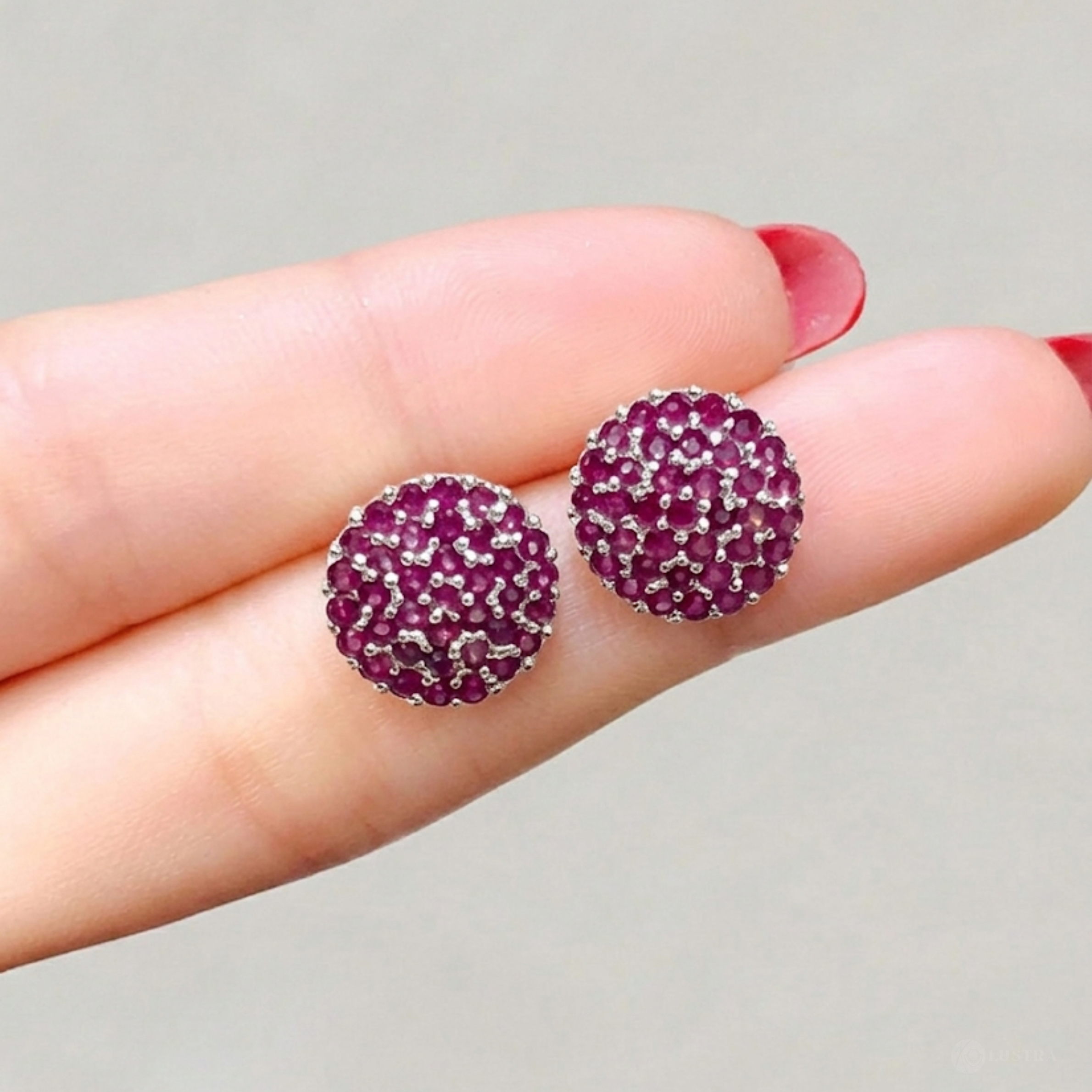 Ruby Sparkle Dome Silver Ear Studs - 925 Sterling Silver - Lustra