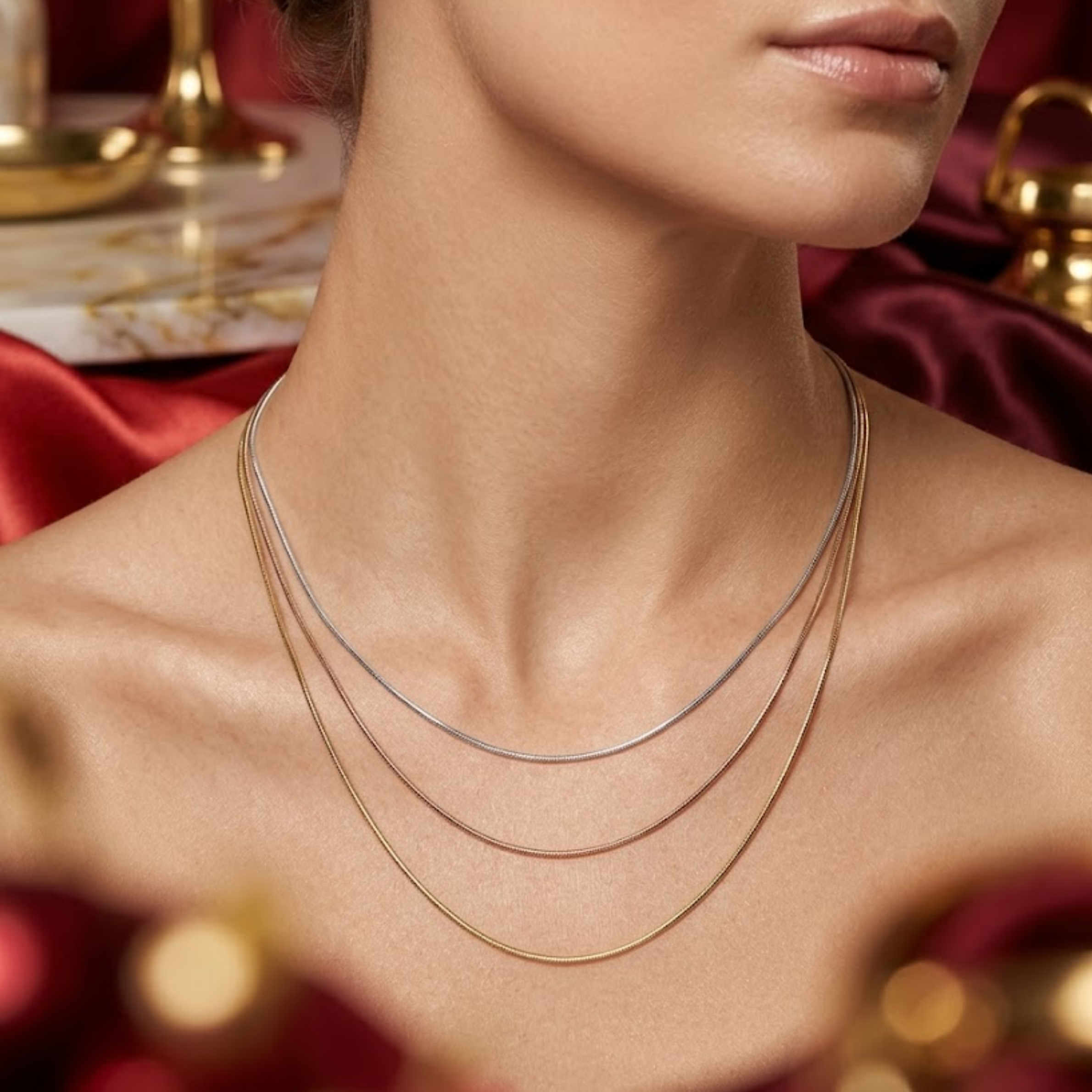Aurielle Tri-Tone Layered Snake Chain Necklace