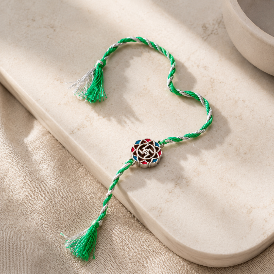 Auspicious Swastik Floral Silver Rakhi