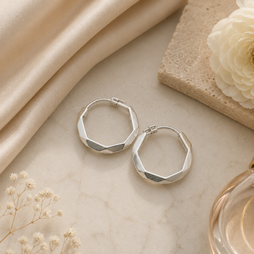 Facet Glow Silver Hoop Earrings
