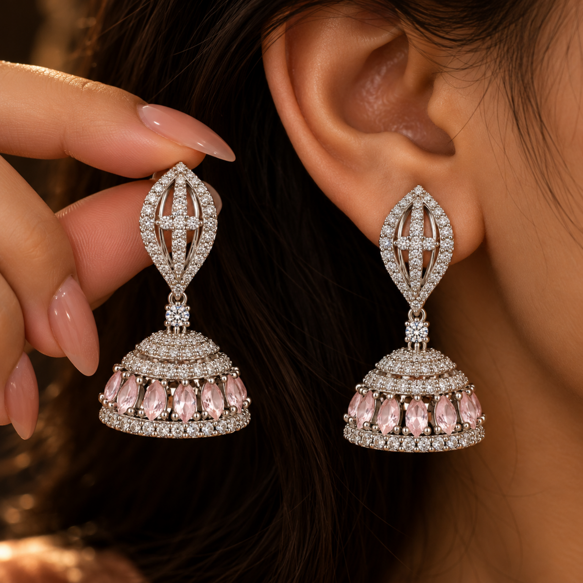 Pink Stone Silver-Tone Jhumka Earrings for Women | Lustra