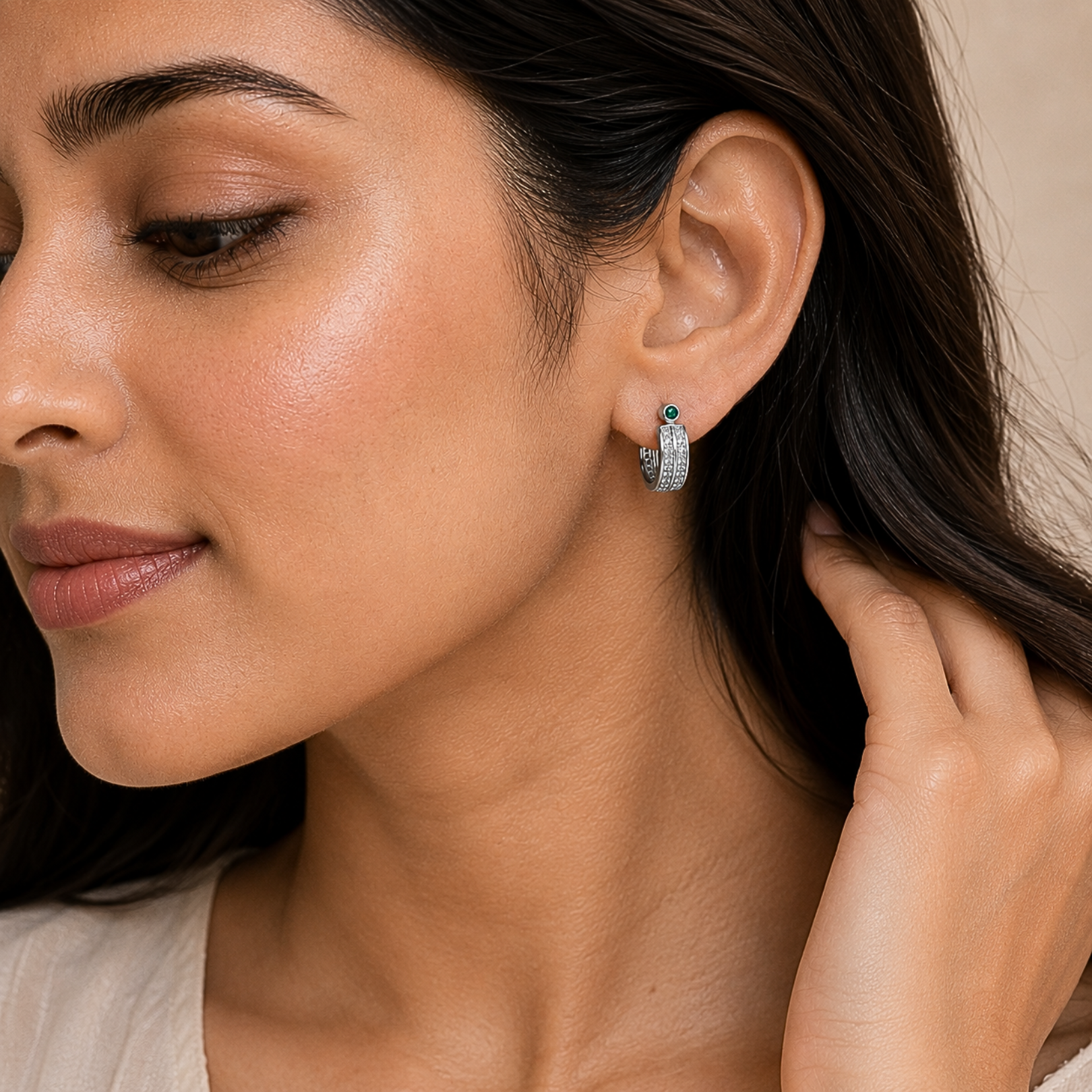 Emerald Halo Sterling Silver Hoop Earrings