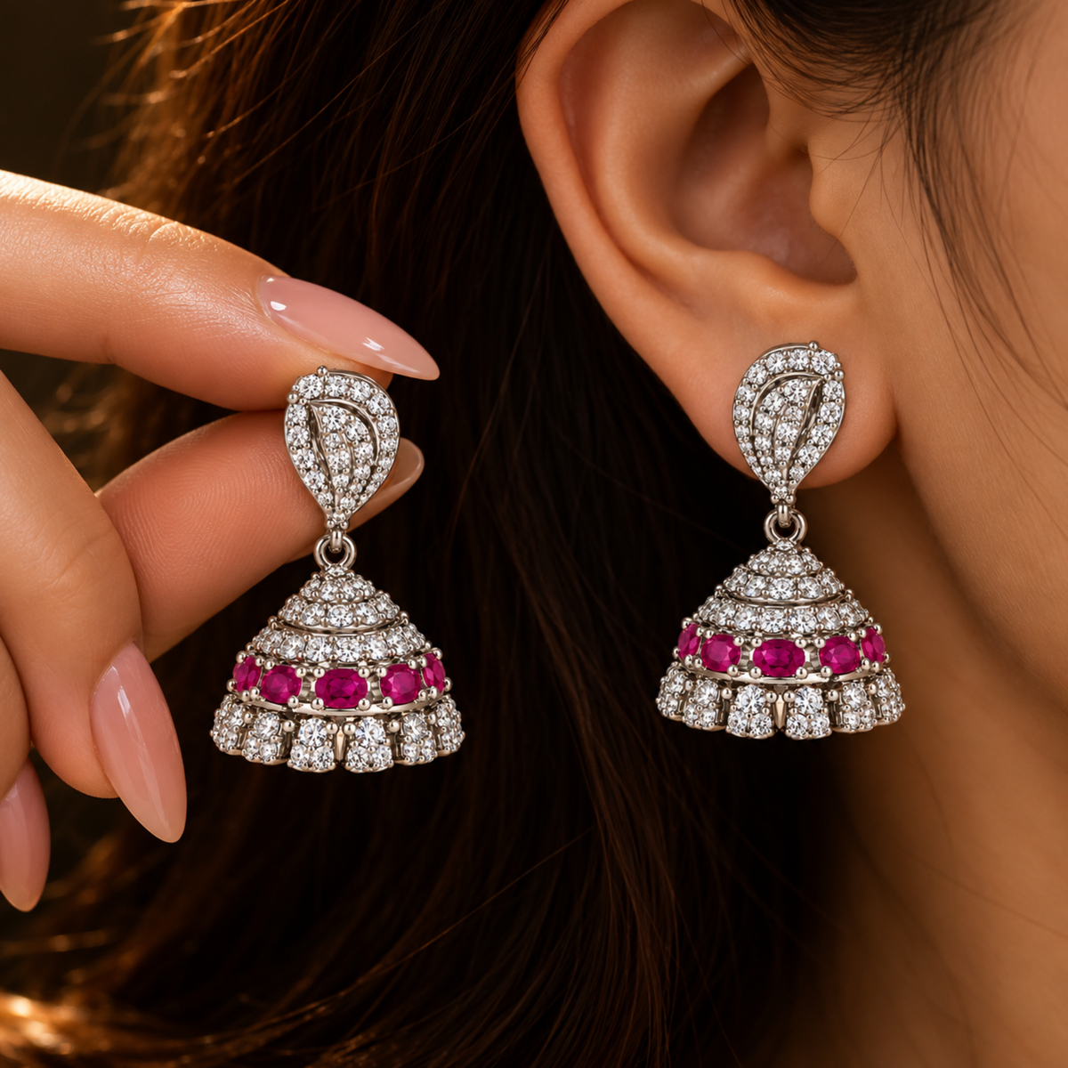 Ruby Red Stone Silver-Tone Jhumka Earrings for Women | Lustra
