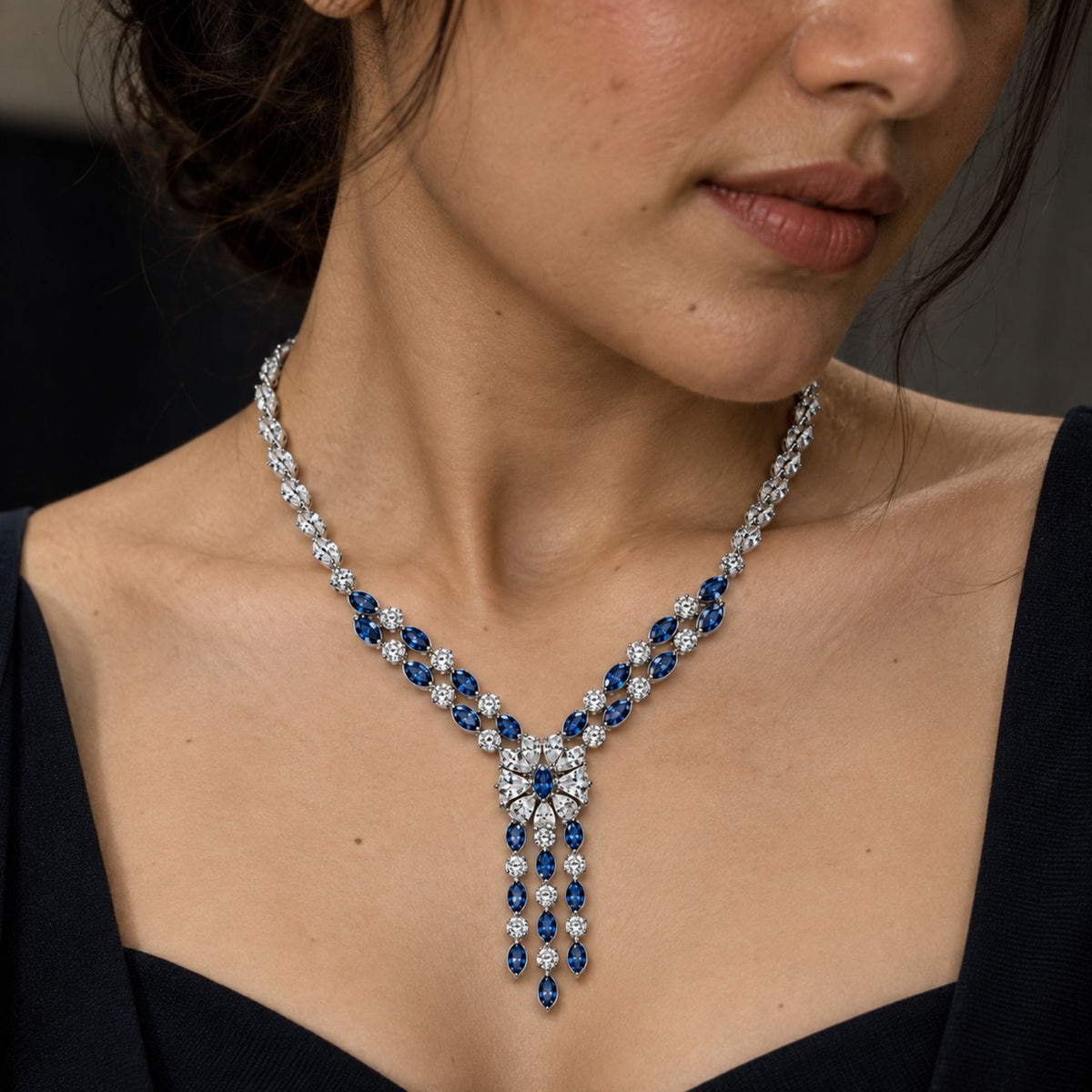 Royal Blue Bloom 925 Silver Necklace Set