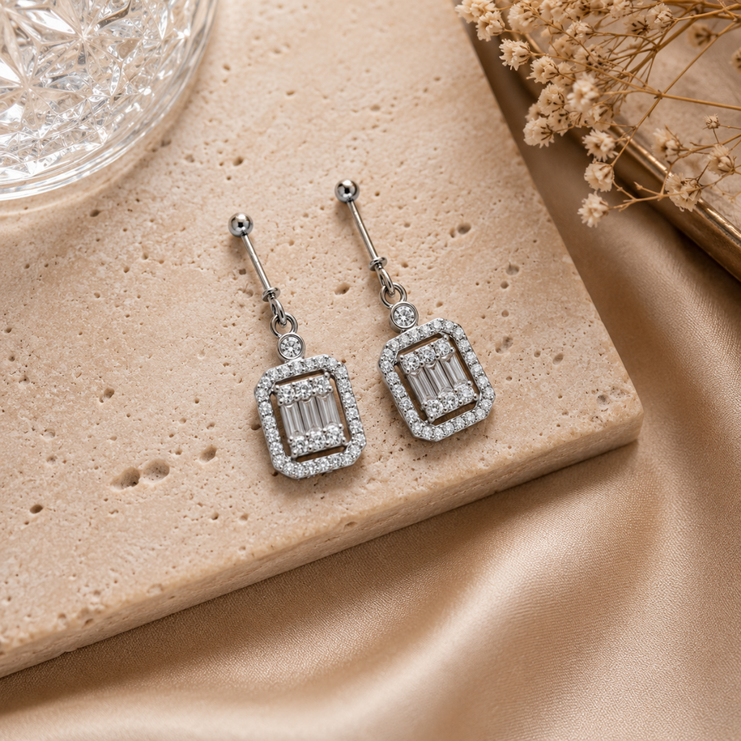 Radiant Halo Baguette Drop Earrings