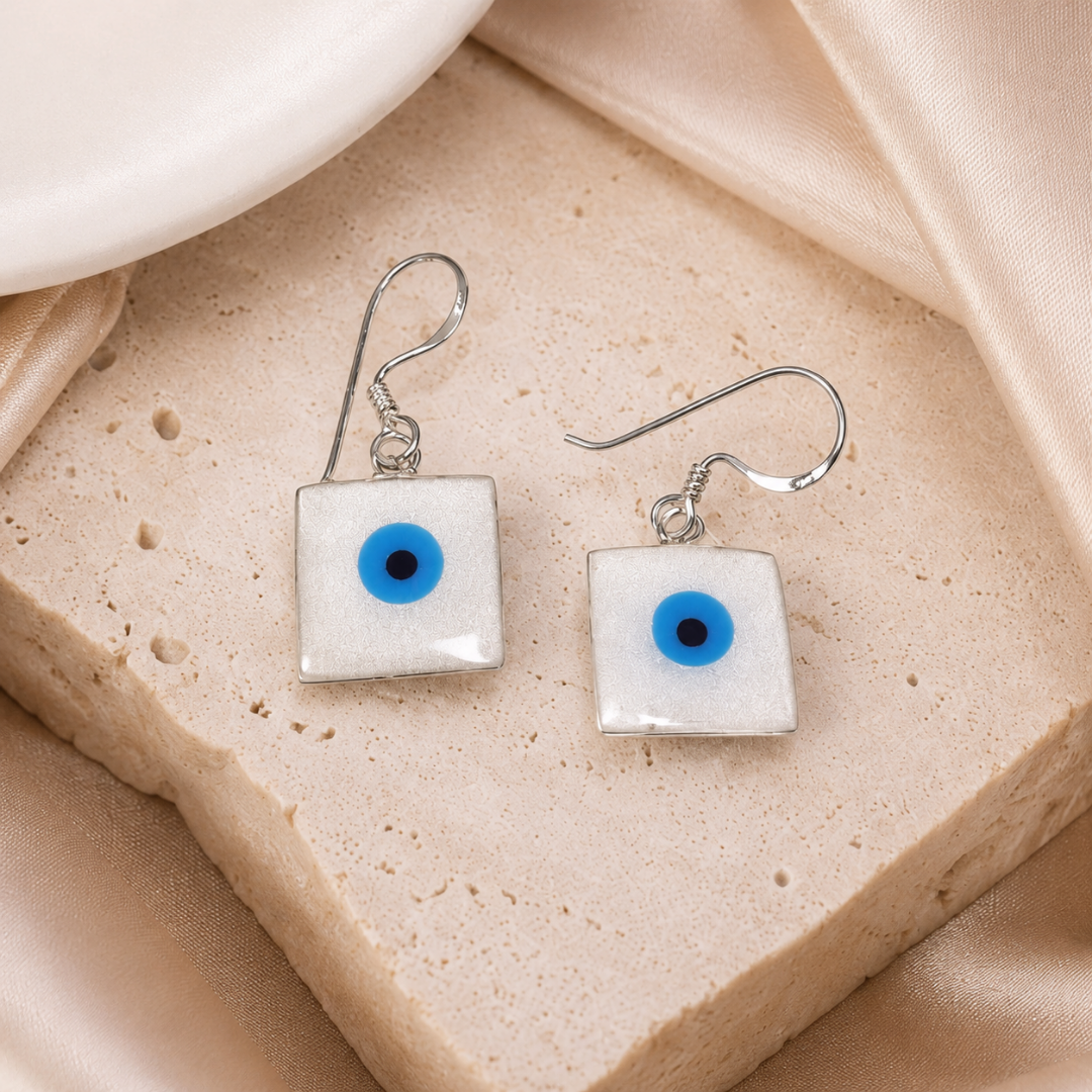 Evil Eye Square Drop Earrings - 925 Sterling Silver - Lustra