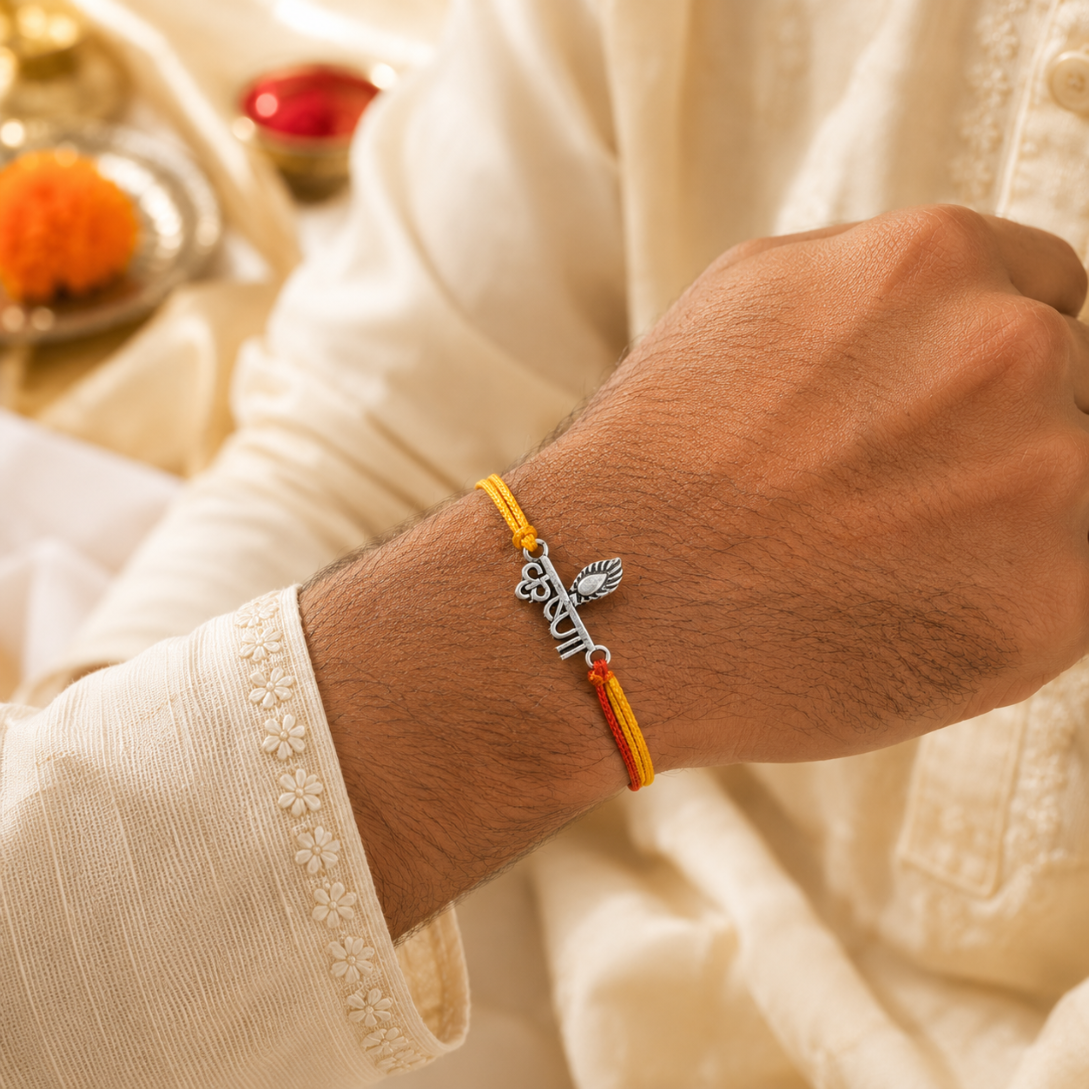 Divine Krishna Naam Silver Rakhi with Mor Pankh Charm - 925 Sterling Silver - Lustra