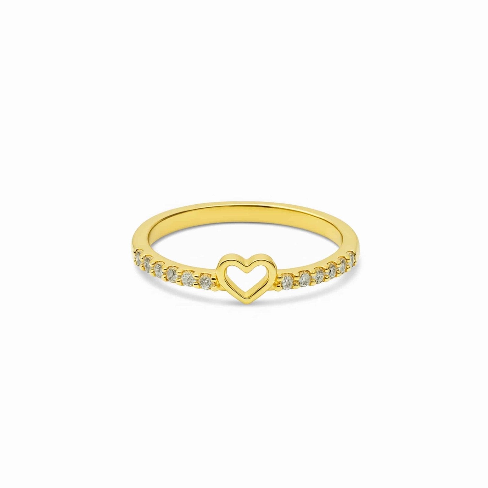 Gold Heart Charm Crystal Ring with delicate open heart and crystals