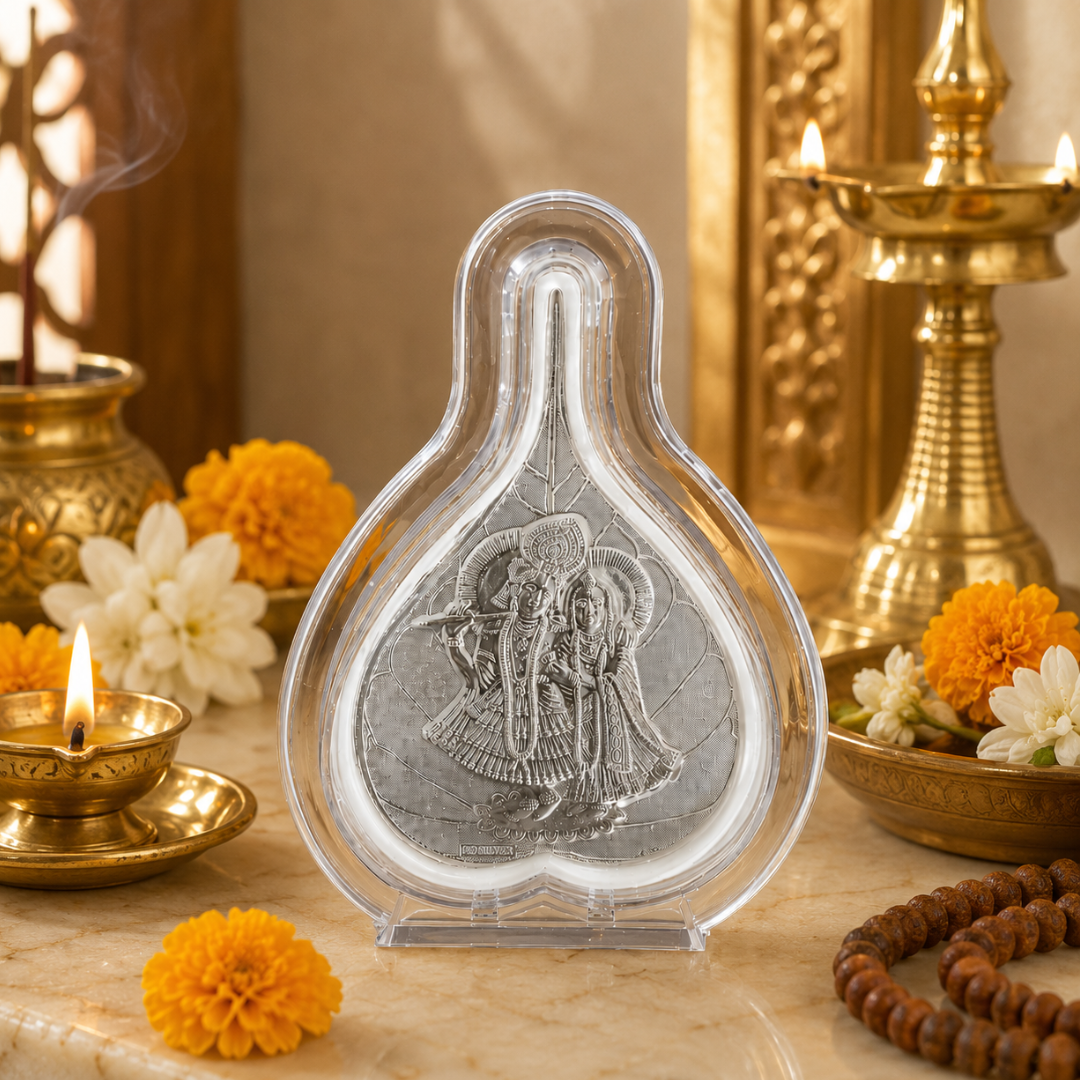 Divine Radha Krishna 999 Silver Leaf Frame (5 x 4 Inch) - 925 Sterling Silver - Lustra