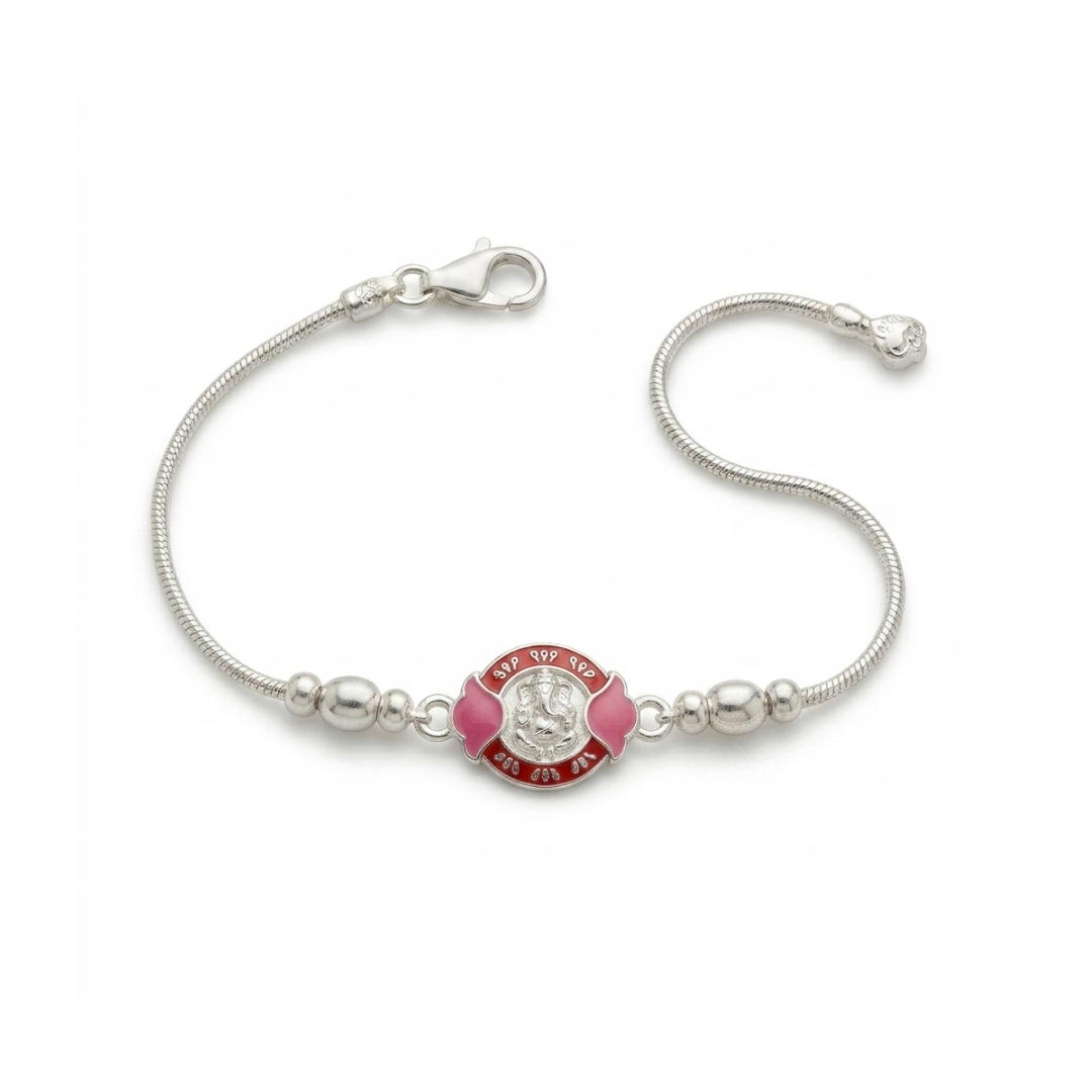 Shree Ganesha Pink Enamel Silver Bracelet Rakhi