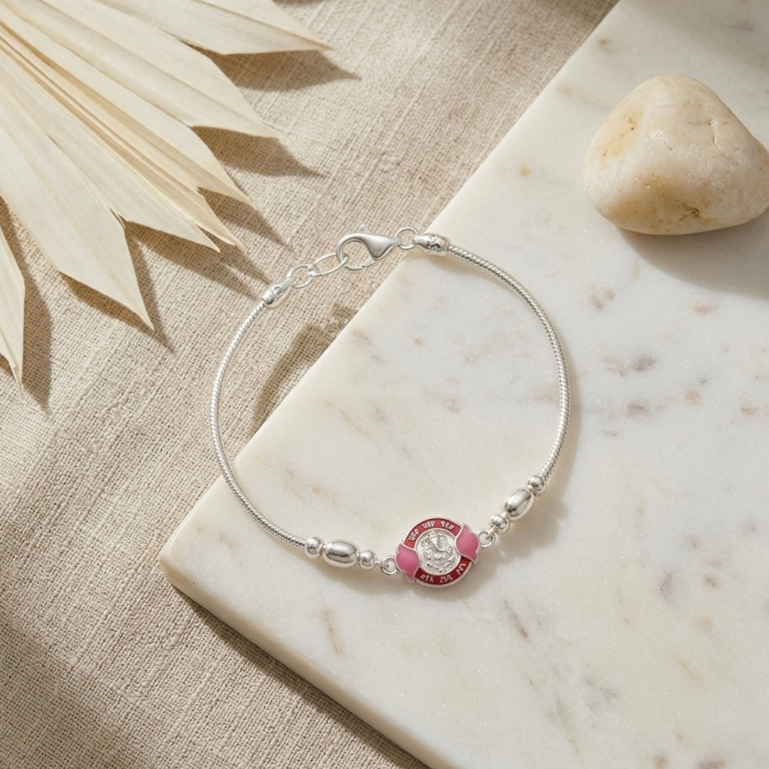 Shree Ganesha Pink Enamel Silver Bracelet Rakhi