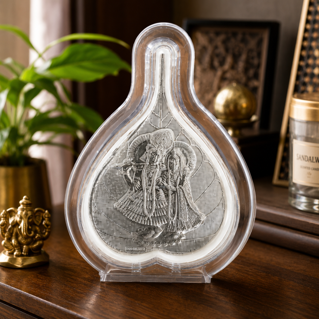 Divine Radha Krishna 999 Silver Leaf Frame (5 x 4 Inch) - 925 Sterling Silver - Lustra