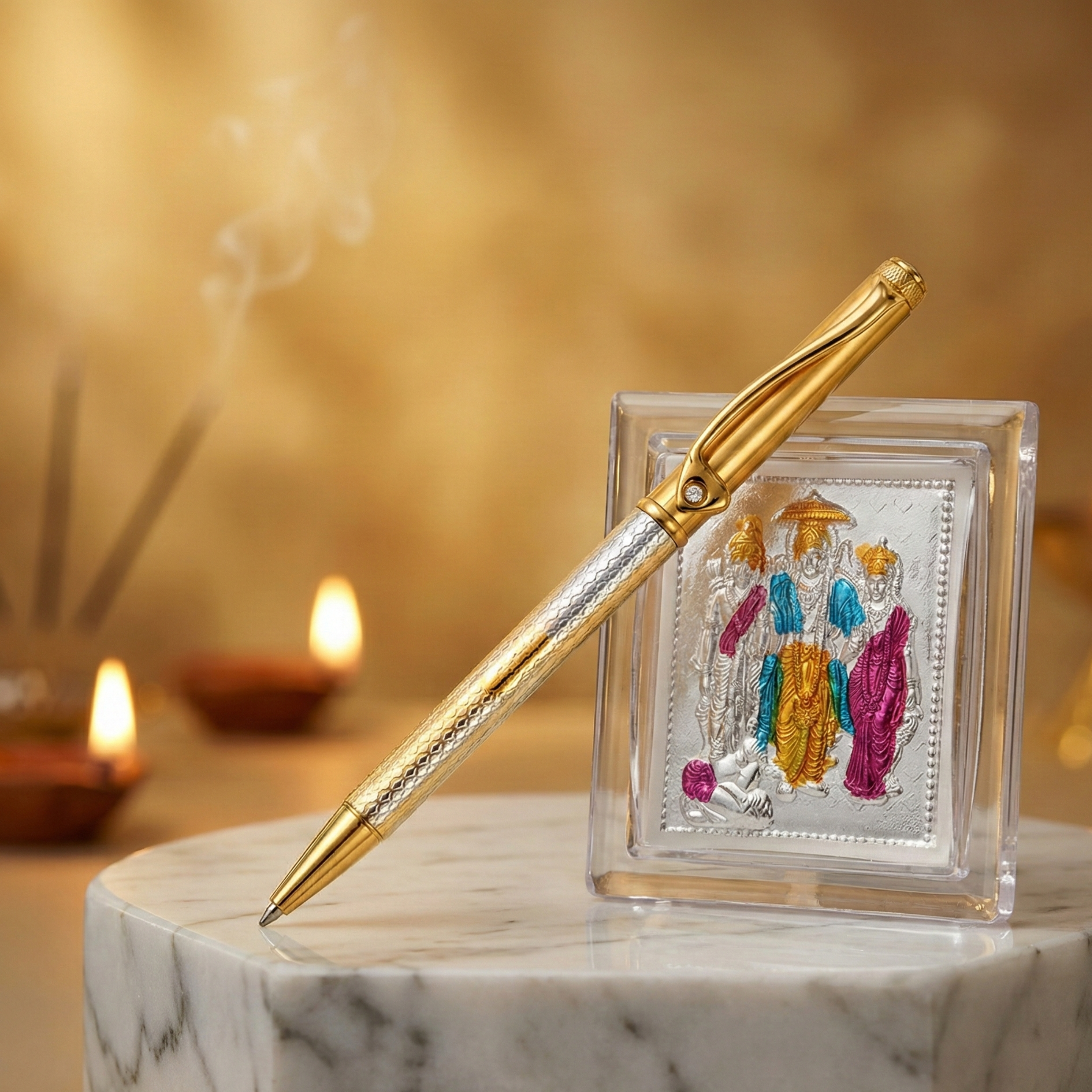 Auspicious Elegance Gold-Tone Pen with Ram Darbar Silver Frame