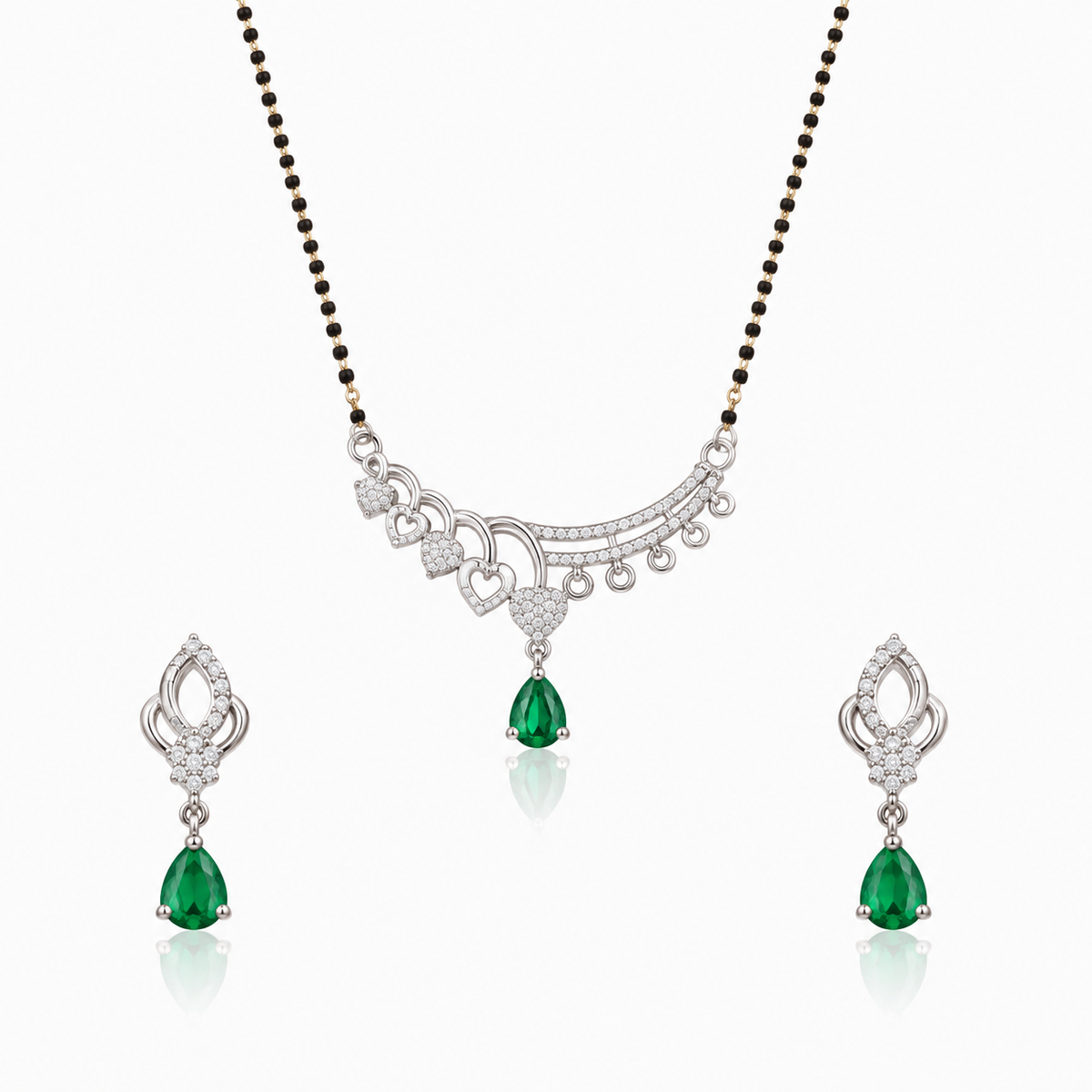 Heart Cascade Green Stone 925 Silver Mangalsutra Set